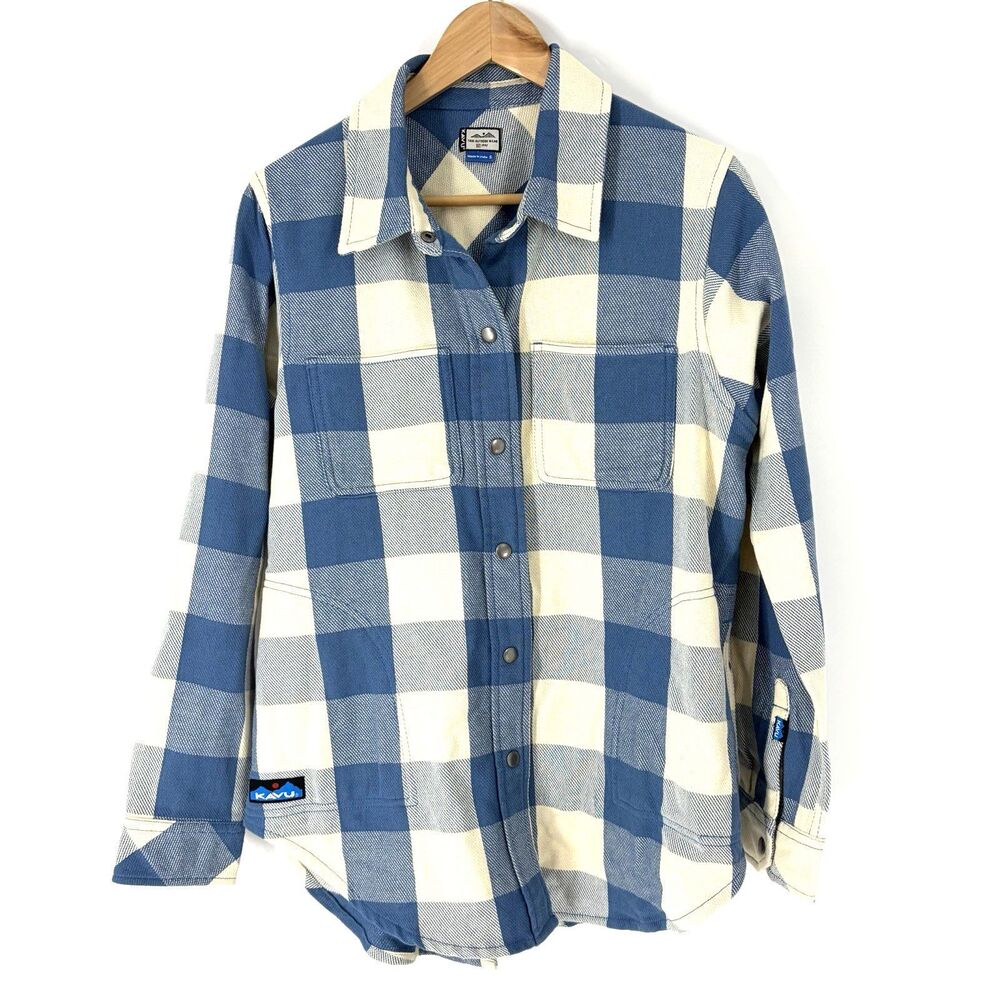 KAVU Wren Shirt Jacket Small Women Blue Cream Buffalo Plaid Check Snap Front